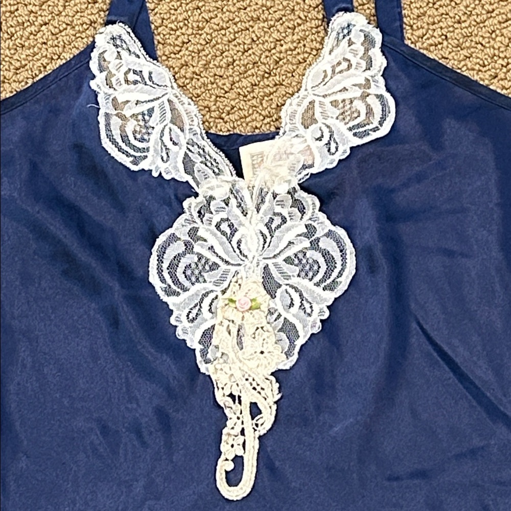 Vintage California Dynasty 2-pc Lingerie & Robe Set Large Navy Blue Lace Satin - Picture 6 of 17